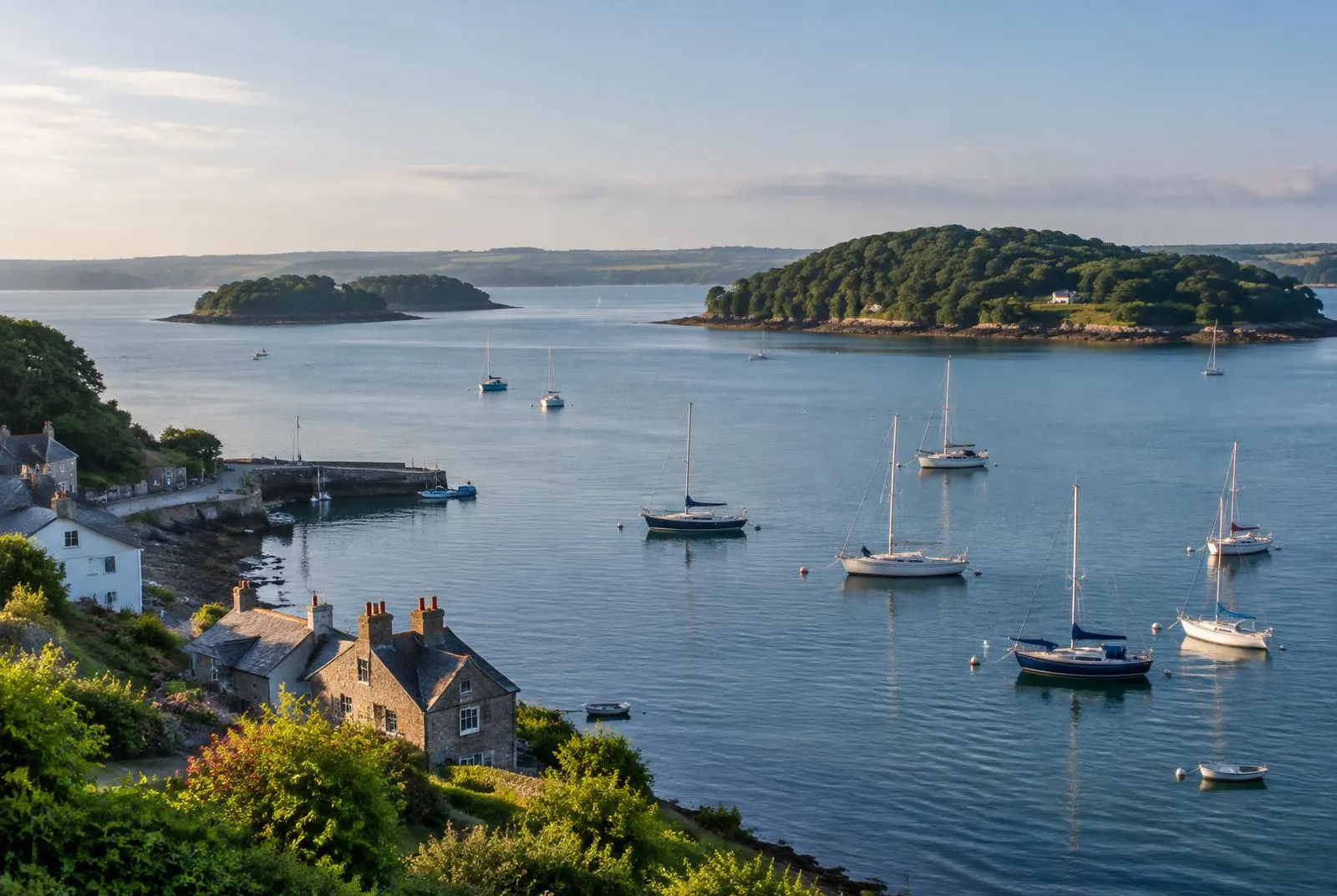 Sailing boats moored in a calm natural harbour with wooded islands, representative of Poole Harbour