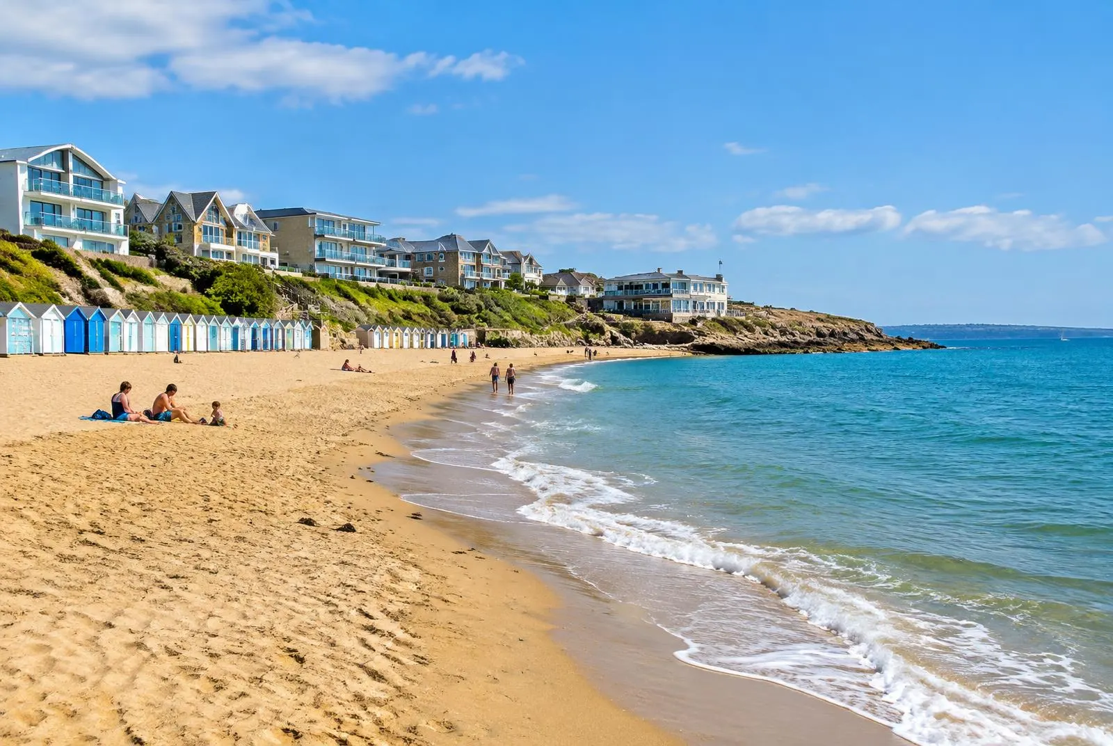 Golden sand and gentle waves along a peninsula beach, representative of Sandbanks